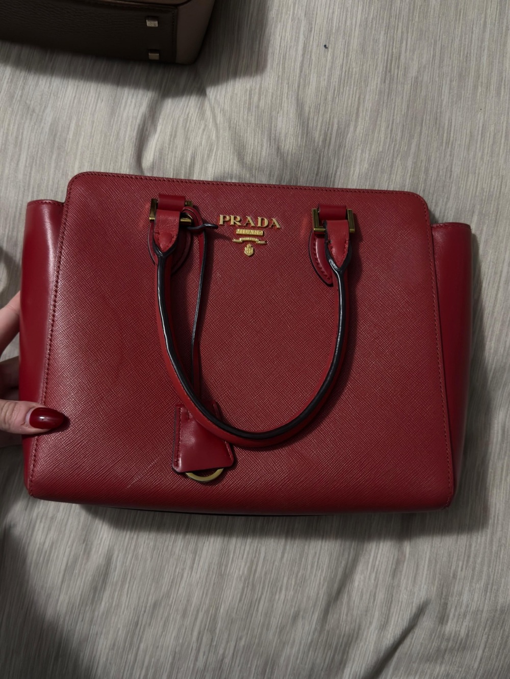 Prada Red Saffiano Satchel with Gold Hardware